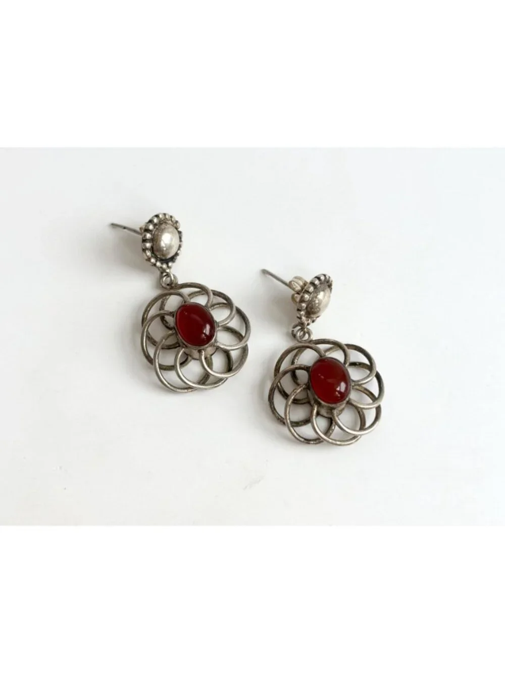 Carnelian Accented Scalloped Vintage Sterling Silver 925 Drop Southwest Earrings